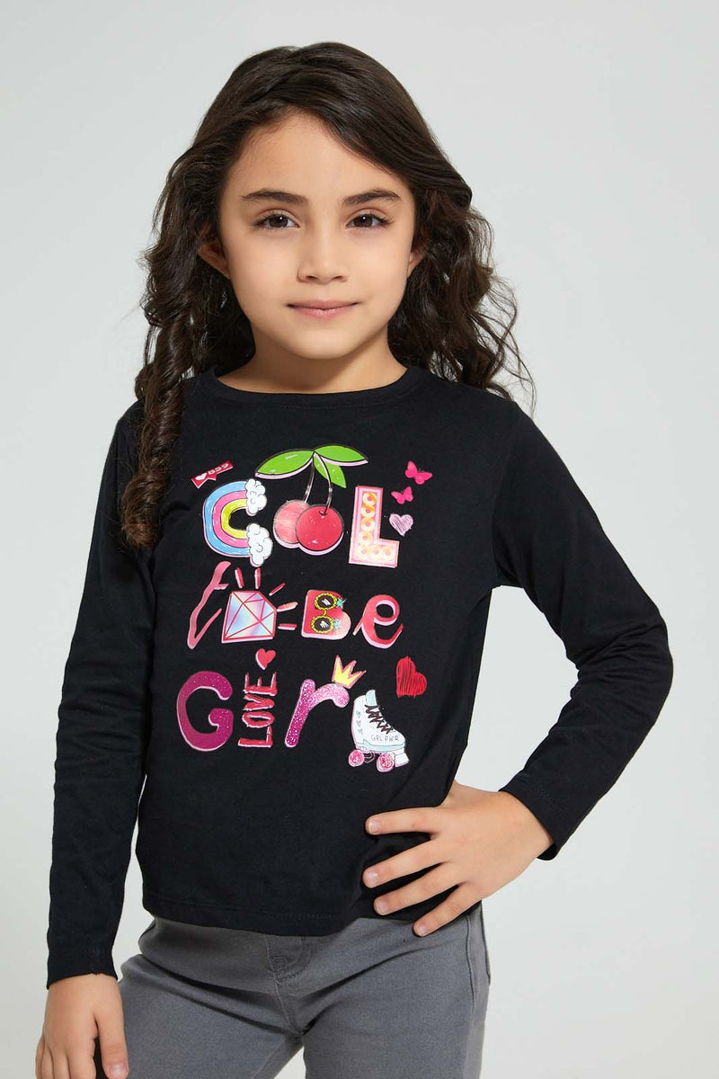 Redtag-Black-Slogan-T-Shirt-Graphic-Prints-Girls-2 to 8 Years