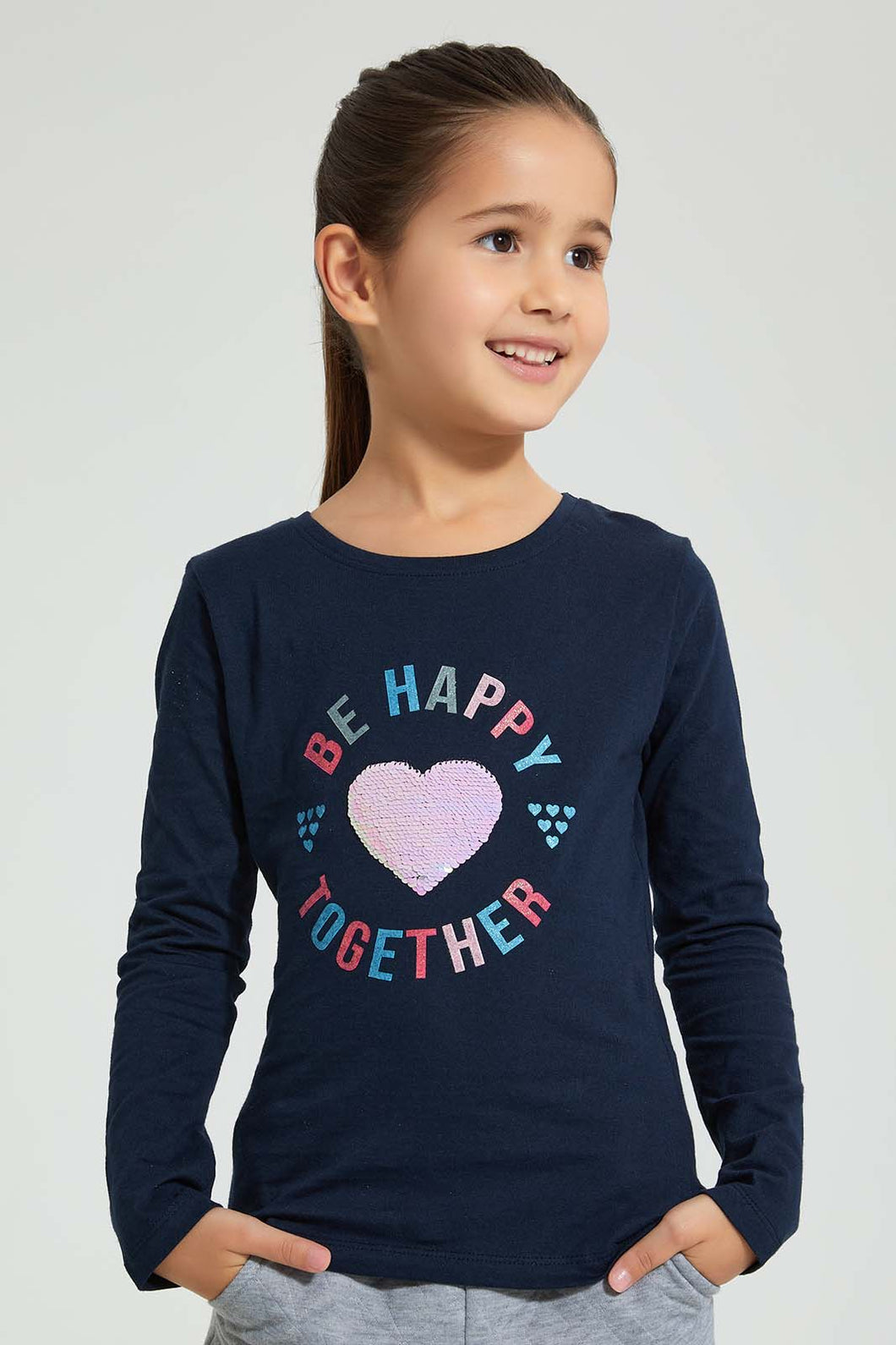 Redtag-Navy-Slogan-Sequin-Tee-Blouses-Girls-2 to 8 Years