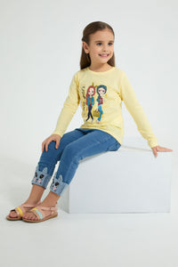 Redtag-Yellow-Girl-Print-T-Shirt-Graphic-Prints-Girls-2 to 8 Years