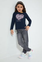 Load image into Gallery viewer, Redtag-Navy-Heart-Foil-Print-T-Shirt-Graphic-Prints-Girls-2 to 8 Years
