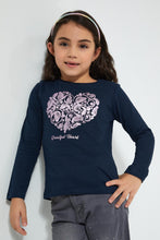 Load image into Gallery viewer, Redtag-Navy-Heart-Foil-Print-T-Shirt-Graphic-Prints-Girls-2 to 8 Years
