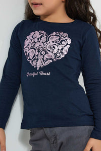 Redtag-Navy-Heart-Foil-Print-T-Shirt-Graphic-Prints-Girls-2 to 8 Years