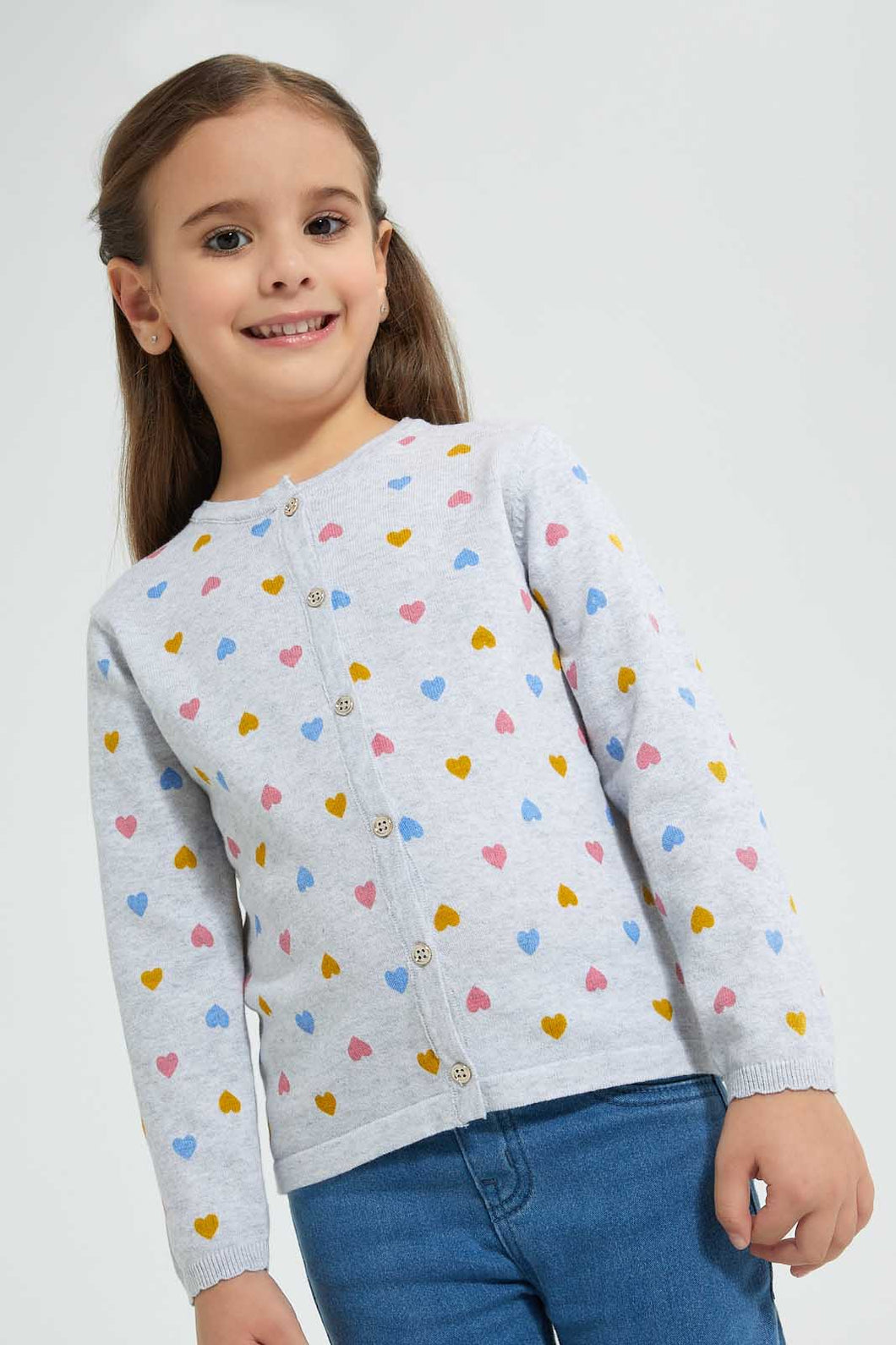 Redtag-Grey-Multi-Color-Heart-Cardigan-Cardigans-Girls-2 to 8 Years