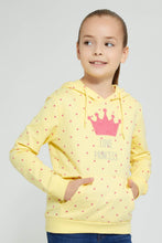 Load image into Gallery viewer, Redtag-Yellow-Crown-Printed-&amp;-Sequined-Hooded-Sweatshirt-Sweatshirts-Girls-2 to 8 Years
