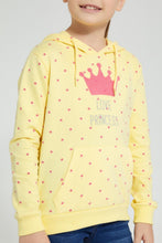 Load image into Gallery viewer, Redtag-Yellow-Crown-Printed-&amp;-Sequined-Hooded-Sweatshirt-Sweatshirts-Girls-2 to 8 Years
