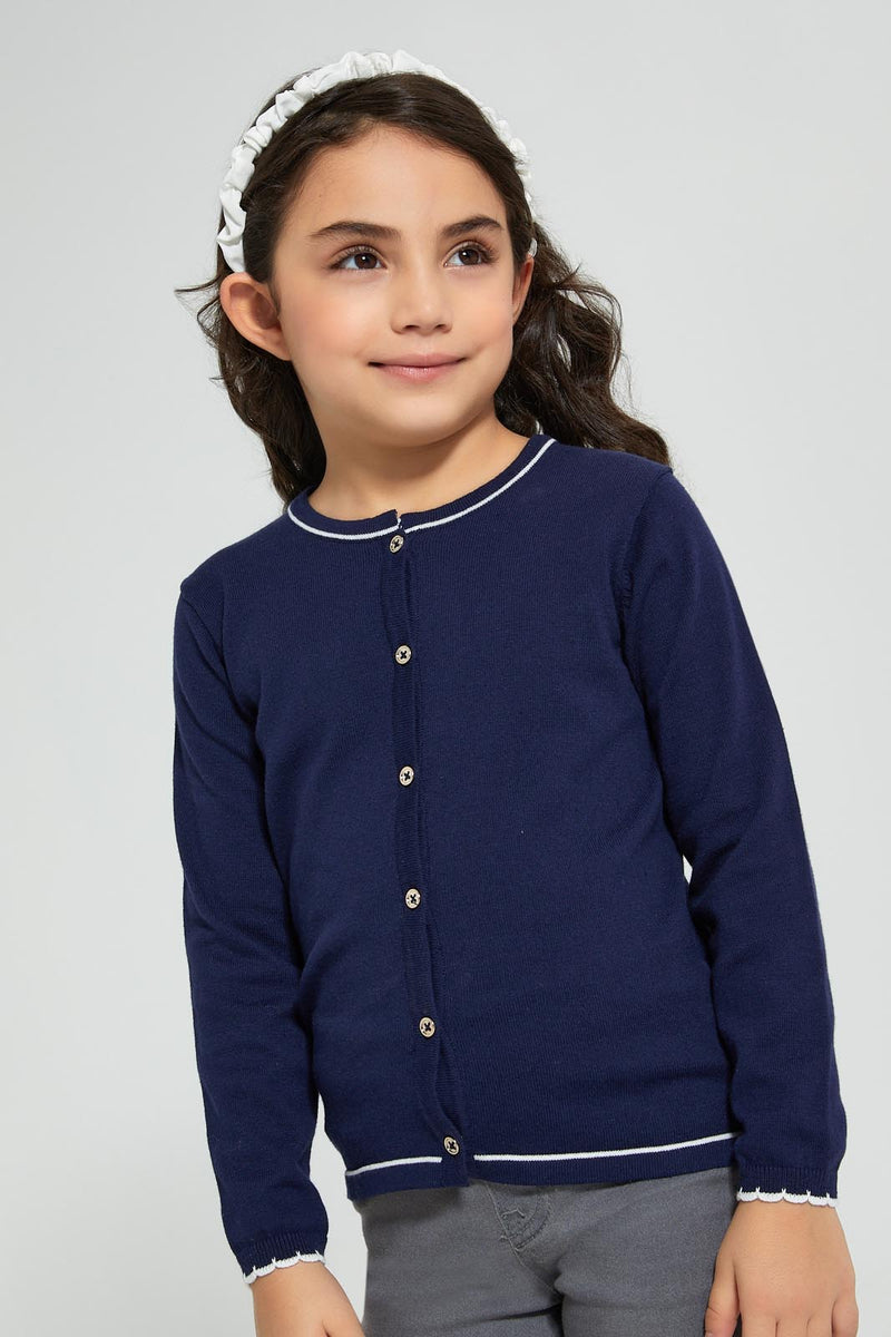 Redtag-Navy-Cardigan-With-White-Outline-Cardigans-Girls-2 to 8 Years