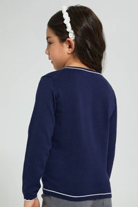 Redtag-Navy-Cardigan-With-White-Outline-Cardigans-Girls-2 to 8 Years