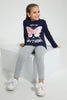 Redtag-Navy-Butterfly-Print-Brushed-Fabric-T-Shirt-Long-Sleeves-Girls-2 to 8 Years