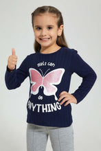 Load image into Gallery viewer, Redtag-Navy-Butterfly-Print-Brushed-Fabric-T-Shirt-Long-Sleeves-Girls-2 to 8 Years
