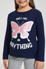 Redtag-Navy-Butterfly-Print-Brushed-Fabric-T-Shirt-Long-Sleeves-Girls-2 to 8 Years