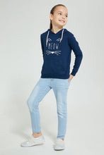 Load image into Gallery viewer, Redtag-Navy-Cat-Embroidered-Hooded-Sweatshirt-Sweatshirts-Girls-2 to 8 Years

