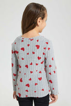 Load image into Gallery viewer, Redtag-Grey-Heart-Print-Brushed-Fabric-T-Shirt-Long-Sleeves-Girls-2 to 8 Years
