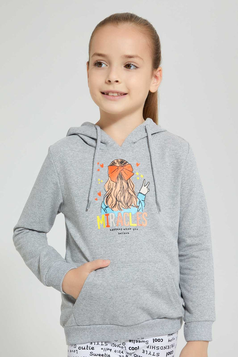 Redtag-Grey-Girl-Placement-Print-Hooded-Sweatshirt-Sweatshirts-Girls-2 to 8 Years