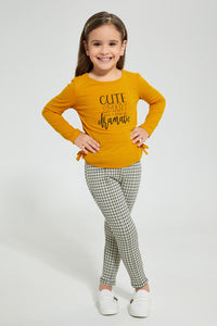 Redtag-Mustard-Houndtooth-Jegging-Jeggings-Girls-2 to 8 Years