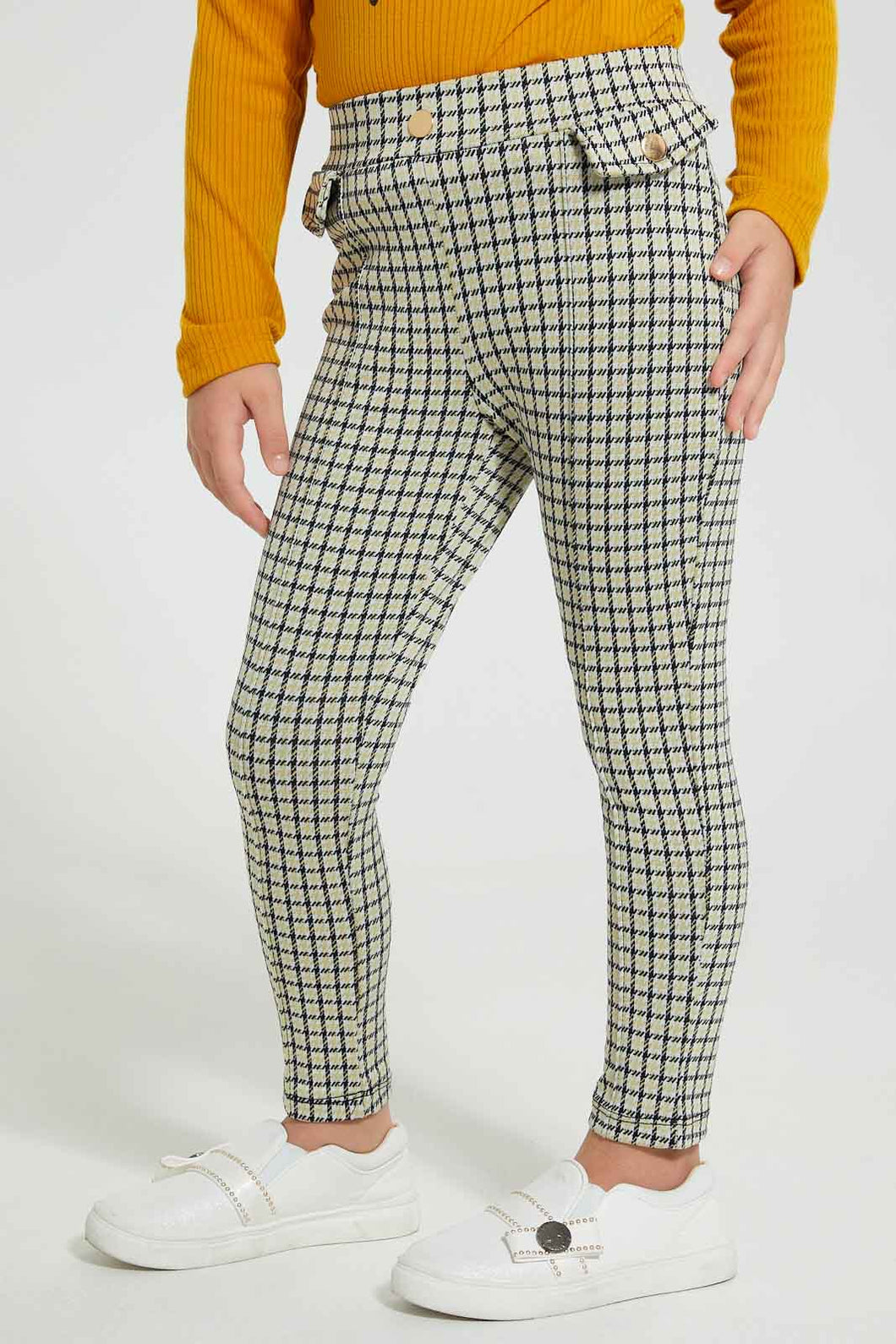 Redtag-Mustard-Houndtooth-Jegging-Jeggings-Girls-2 to 8 Years