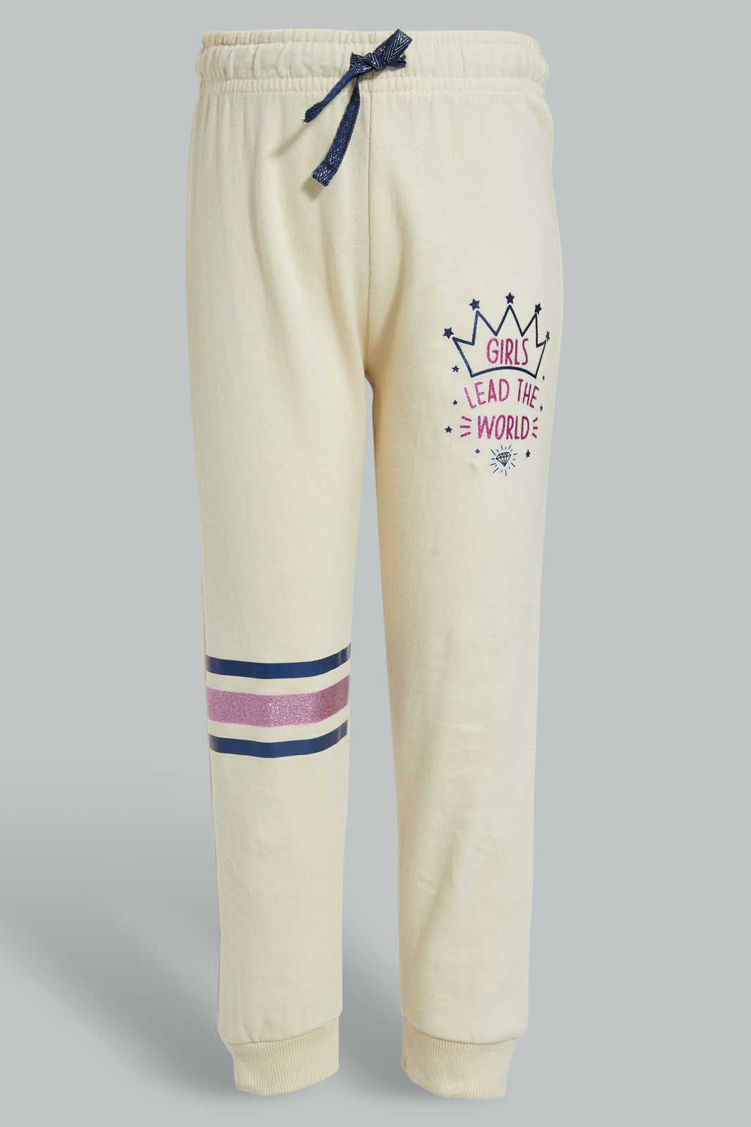 Redtag-Beige-Slogan-Print-Track-Joggers-Girls-2 to 8 Years