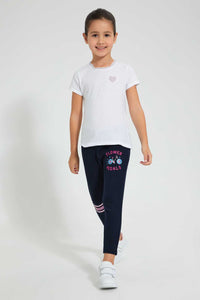 Redtag-Navy-Slogan-Print-New-Knit-Fabric-Track-Joggers-Girls-2 to 8 Years