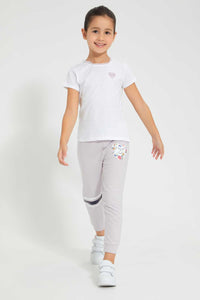 Redtag-Purple-Slogan-Print-Track-Joggers-Girls-2 to 8 Years