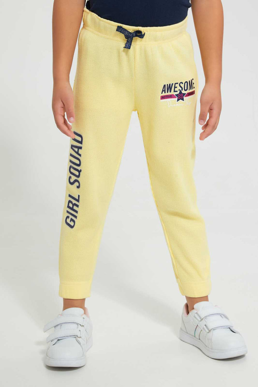 Redtag-Yellow-Slogan-Print-New-Knit-Fabric-Track-Joggers-Girls-2 to 8 Years