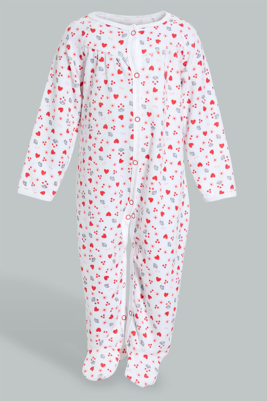 Redtag-White-And-Red-Heart-Printed-Veloure-Sleepsuit-Sleepsuits-Baby-0 to 12 Months