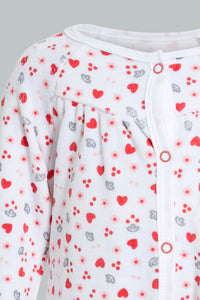 Redtag-White-And-Red-Heart-Printed-Veloure-Sleepsuit-Sleepsuits-Baby-0 to 12 Months