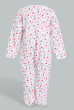 Load image into Gallery viewer, Redtag-White-And-Red-Heart-Printed-Veloure-Sleepsuit-Sleepsuits-Baby-0 to 12 Months
