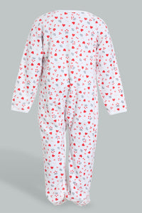 Redtag-White-And-Red-Heart-Printed-Veloure-Sleepsuit-Sleepsuits-Baby-0 to 12 Months