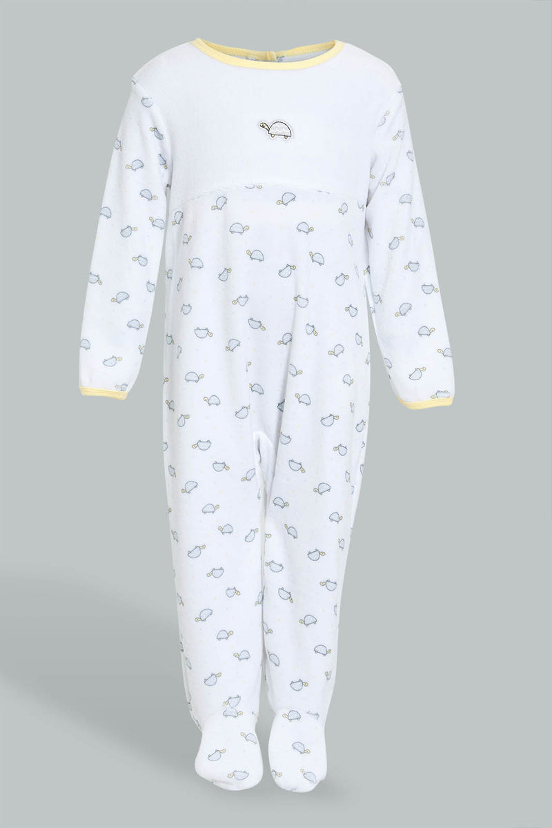 Redtag-White-And-Yellow-Turtle-Printed-Veloure-Sleepsuit-Sleepsuits-Baby-0 to 12 Months