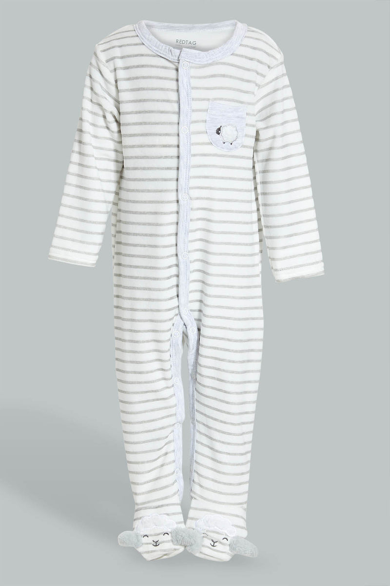 Redtag-Grey/White-Stripes-Sheep-Feet-Sleepsuit-Rompers-Baby-0 to 12 Months