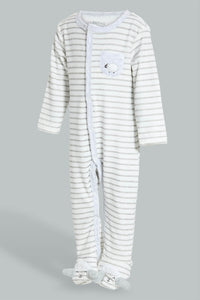 Redtag-Grey/White-Stripes-Sheep-Feet-Sleepsuit-Rompers-Baby-0 to 12 Months