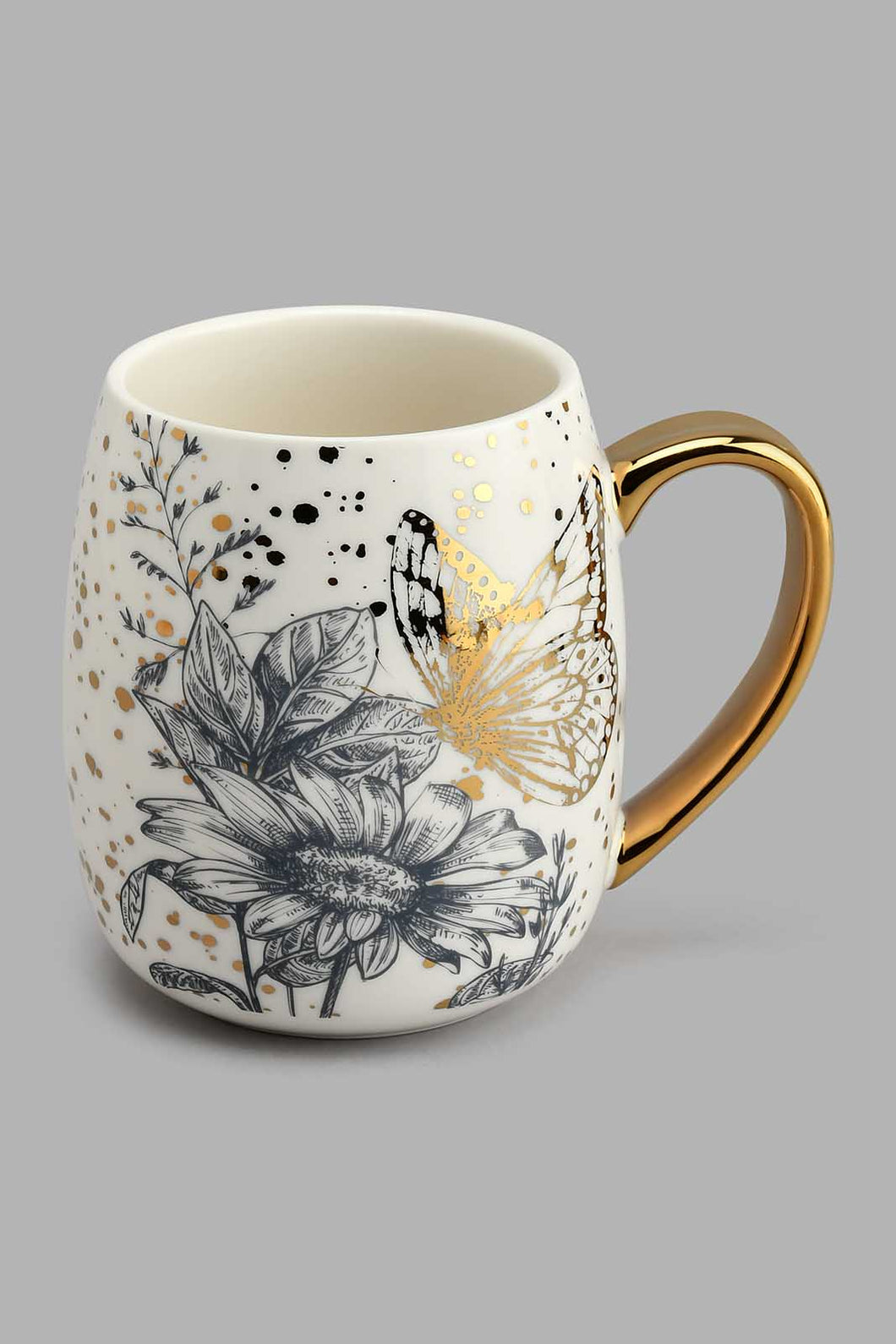 Redtag-White-and-Gold-Floral-Mug-Colour:Gold,-Colour:White,-Filter:Home-Dining,-HMW-DIN-Mugs,-New-In,-New-In-HMW-DIN,-Non-Sale,-S22A,-Section:Homewares-Home-Dining-