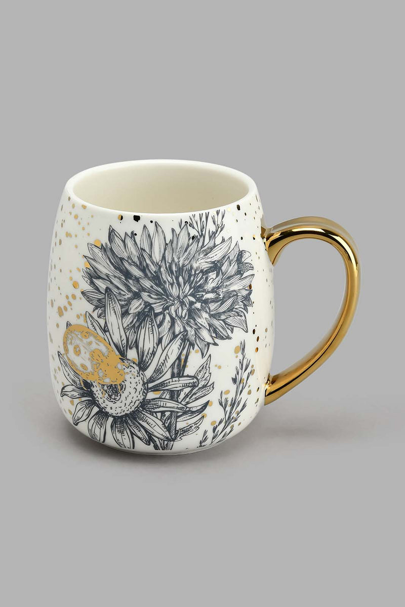 Redtag-Gold-and-White-Floral-Mug-Colour:Gold,-Colour:White,-Filter:Home-Dining,-HMW-DIN-Mugs,-New-In,-New-In-HMW-DIN,-Non-Sale,-S22A,-Section:Homewares,-white-Home-Dining-