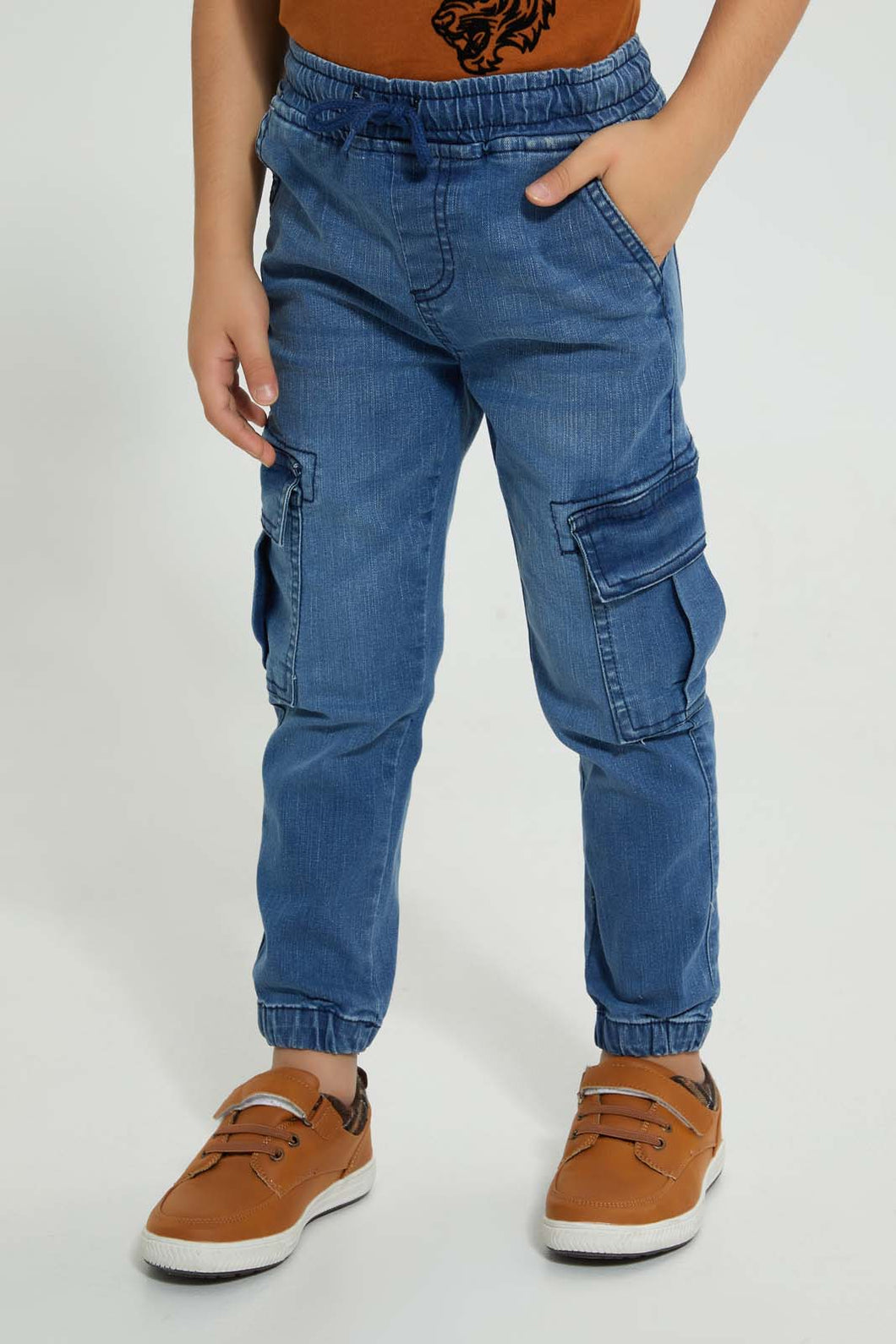 Redtag-Mid-Wash-Cargo-Stretch-Denim-Jogger-Jeans-Pull-On-Boys-2 to 8 Years