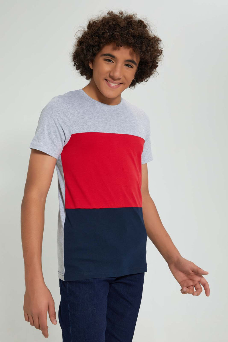 Redtag-Grey-Color-Block-T-Shirt-All-Over-Prints-Senior-Boys-9 to 14 Years