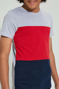 Redtag-Grey-Color-Block-T-Shirt-All-Over-Prints-Senior-Boys-9 to 14 Years