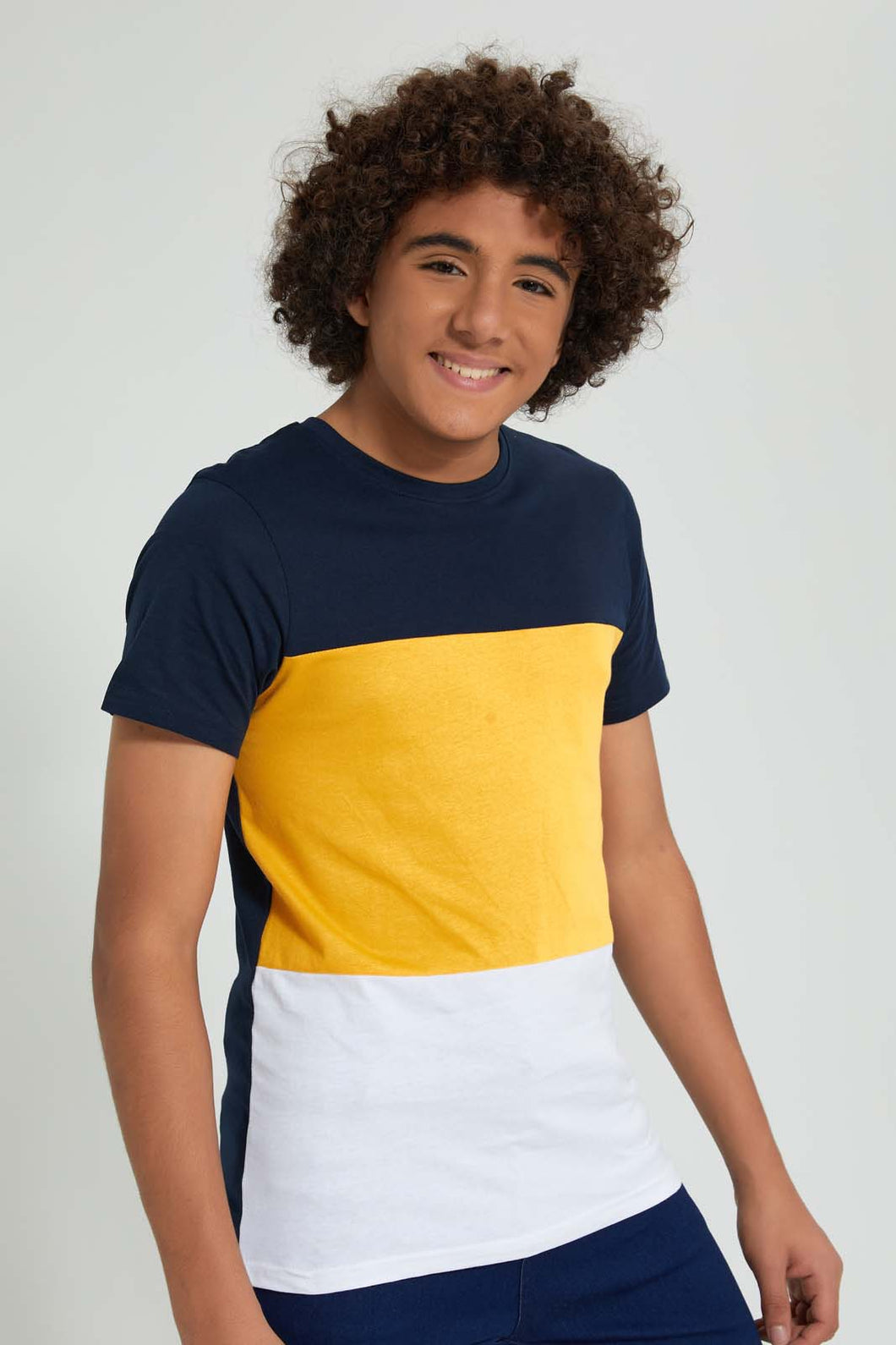Redtag-Navy-Color-Block-T-Shirt-All-Over-Prints-Senior-Boys-9 to 14 Years