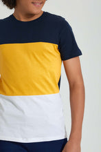 Load image into Gallery viewer, Redtag-Navy-Color-Block-T-Shirt-All-Over-Prints-Senior-Boys-9 to 14 Years

