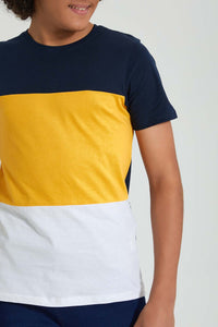 Redtag-Navy-Color-Block-T-Shirt-All-Over-Prints-Senior-Boys-9 to 14 Years
