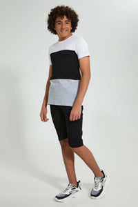 Redtag-White-Color-Block-T-Shirt-All-Over-Prints-Senior-Boys-9 to 14 Years
