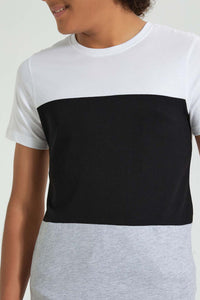 Redtag-White-Color-Block-T-Shirt-All-Over-Prints-Senior-Boys-9 to 14 Years