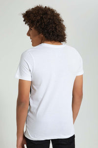 Redtag-White-Color-Block-T-Shirt-All-Over-Prints-Senior-Boys-9 to 14 Years