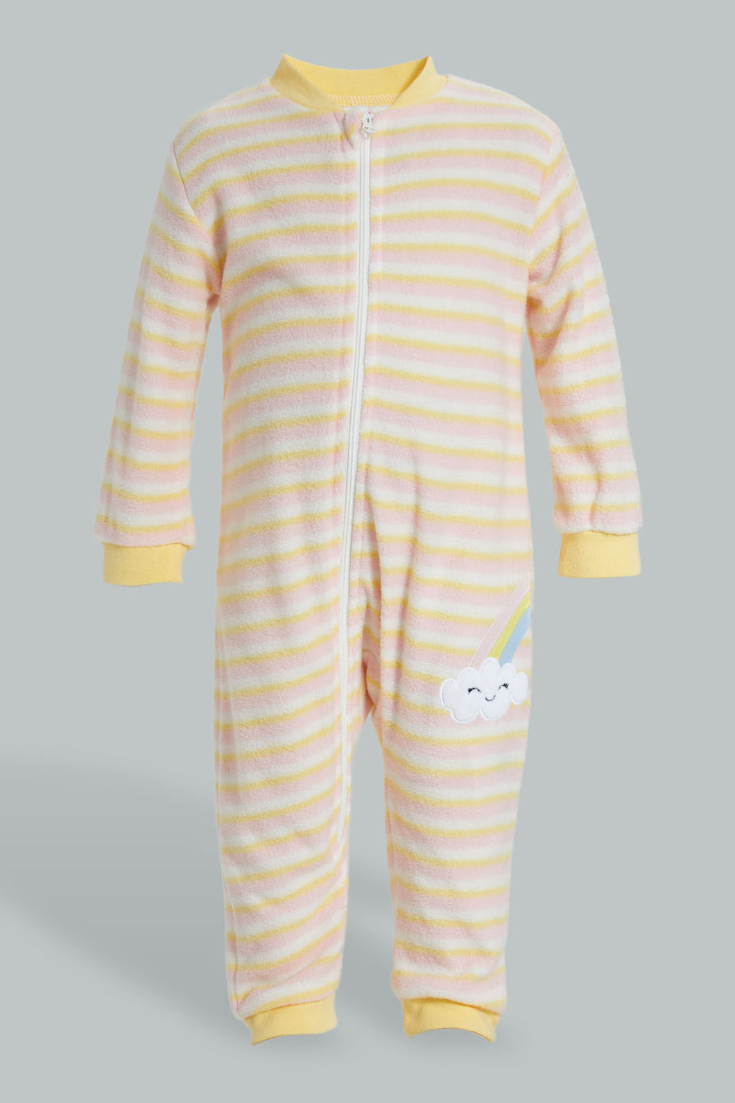 Redtag-Yellow-And-Pink-Stripe-Fleece-Romper-Rompers-Baby-0 to 12 Months