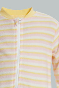 Redtag-Yellow-And-Pink-Stripe-Fleece-Romper-Rompers-Baby-0 to 12 Months