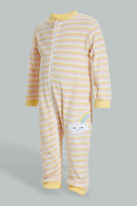 Redtag-Yellow-And-Pink-Stripe-Fleece-Romper-Rompers-Baby-0 to 12 Months