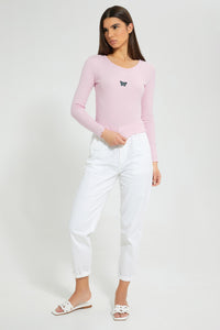 Redtag-Pink-Rib-Long-Sleeve-T-Shirt-With-Placement-Embroideredroidery-Embellished-Women's-