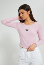 تنزيل الصورة على معرض الصور، Redtag-Pink-Rib-Long-Sleeve-T-Shirt-With-Placement-Embroideredroidery-Embellished-Women&#39;s-
