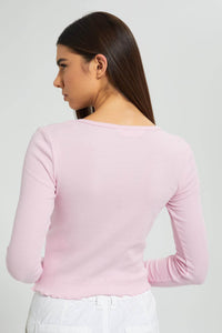 Redtag-Pink-Rib-Long-Sleeve-T-Shirt-With-Placement-Embroideredroidery-Embellished-Women's-