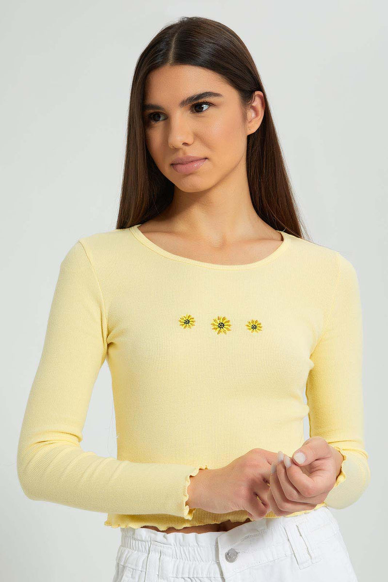 Redtag-Yellow-Rib-L/S-T-Shirt-With-Placement-Embroidery-Active-Tees-Women's-