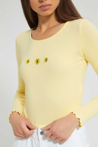 Redtag-Yellow-Rib-L/S-T-Shirt-With-Placement-Embroidery-Active-Tees-Women's-