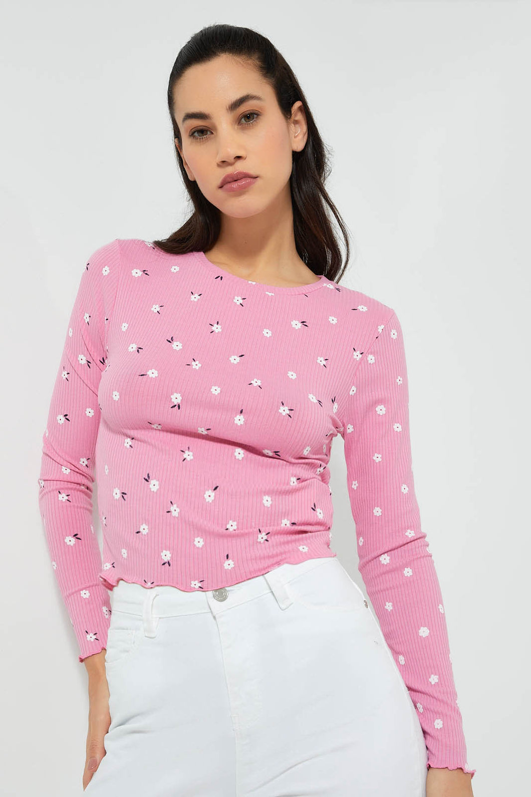 Redtag-Navy-Rib-Allover-Printed-Long-Sleeve-T-Shirt-Active-Tees-Women's-